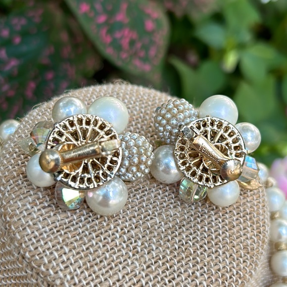 Vendome Vintage Faux Pearl & AB Crystal Necklace and Matching Cluster Clip Ons - Picture 5 of 16
